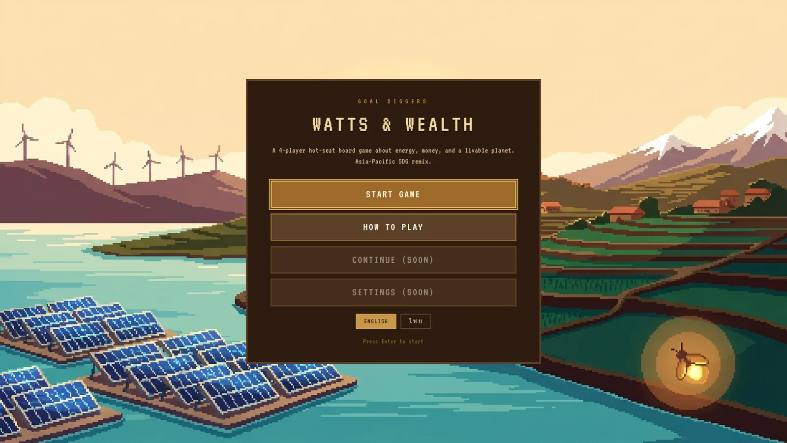 Main menu of Watts and Wealth: pixel-art title screen with wind turbines, mountains, rice terraces, and floating-solar panels in the background